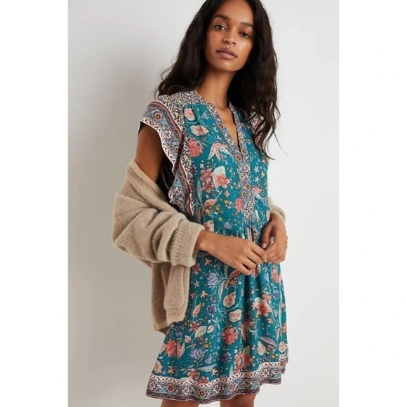 Anthropologie Floral Dress Flutter Sleeve Teal Coral XS - Picture 3 of 14